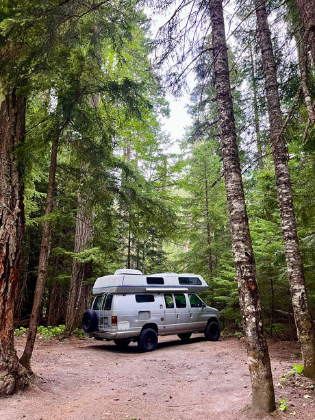 A silver camper van with a pop-top, an ideal RV rental, parked on a dirt road in a dense forest.