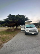 White Ford Transit pop-top campervan (RV rental) at a serene campsite under large trees, ready for adventure.
