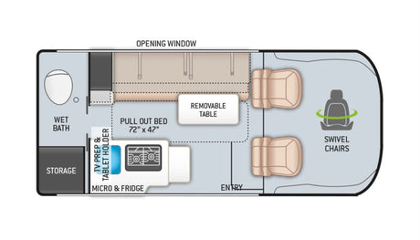 This RV rental floor plan details a compact living space, featuring a wet bath, pull-out bed, micro & fridge, and swivel chairs.