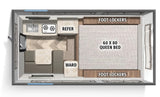 RV rental floor plan: Queen bed (60x80), kitchen, dining, fridge, wardrobe & storage areas shown.