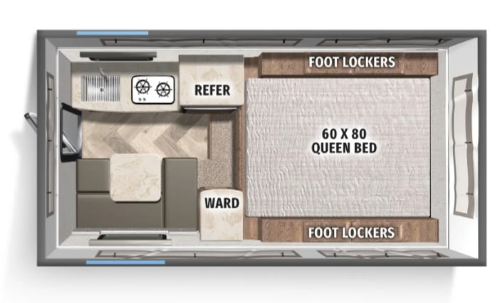  parked in a grassy field near pine trees.|RV rental floor plan: Queen bed (60x80) — photo 1