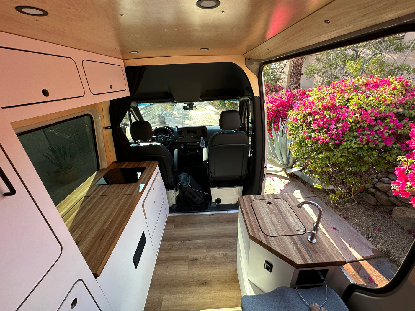 Spacious RV rental interior featuring a modern kitchen, wooden accents, and an open door view of lush plants outside. Perfect for van life!