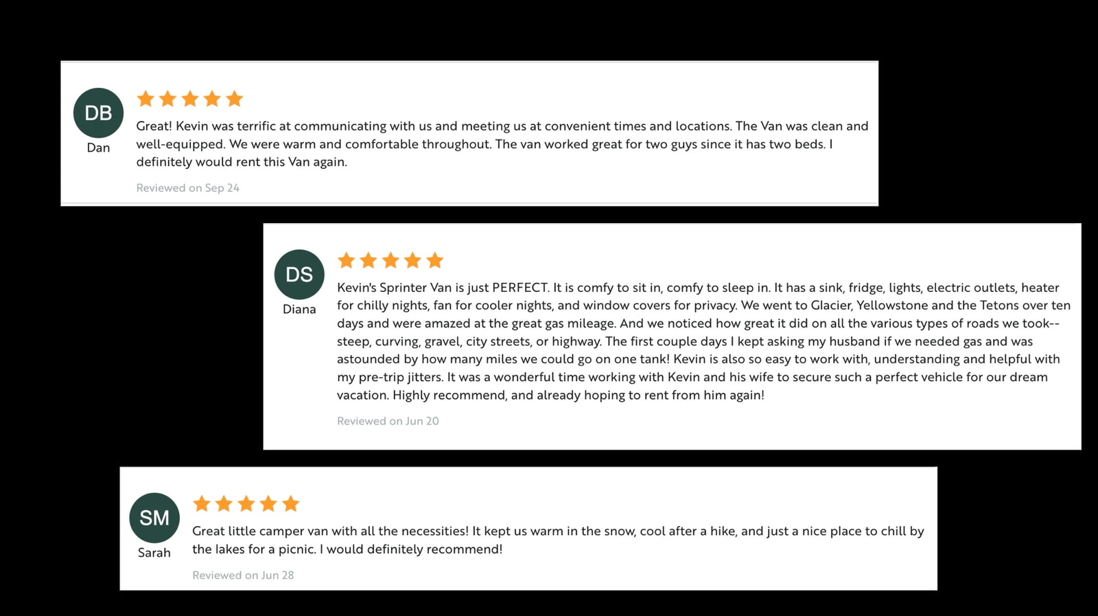 Positive customer reviews with 5-star ratings for an RV rental service, highlighting excellent experiences and amenities.