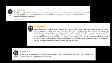Positive customer reviews with 5-star ratings for an RV rental service, highlighting excellent experiences and amenities.