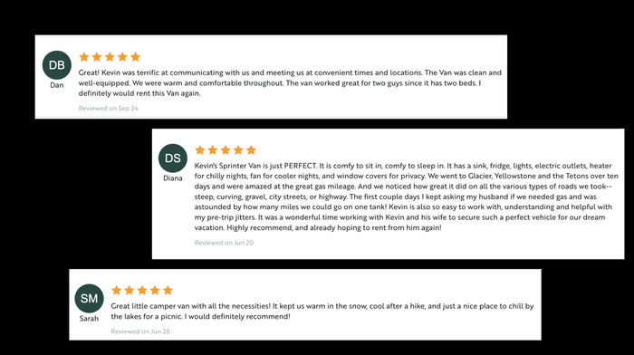 Positive customer reviews with 5-star ratings for an RV rental service, highlighting excellent experiences and amenities.