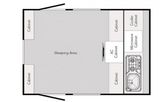 RV rental floor plan: A compact layout with a large sleeping area, kitchen with stove & sink, and ample storage cabinets.