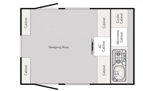RV rental floor plan: A compact layout with a large sleeping area, kitchen with stove & sink, and ample storage cabinets.