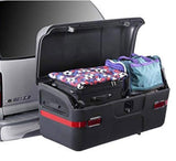 Maximize your RV rental adventure! A spacious rear vehicle cargo carrier, open to reveal luggage, adds travel storage.