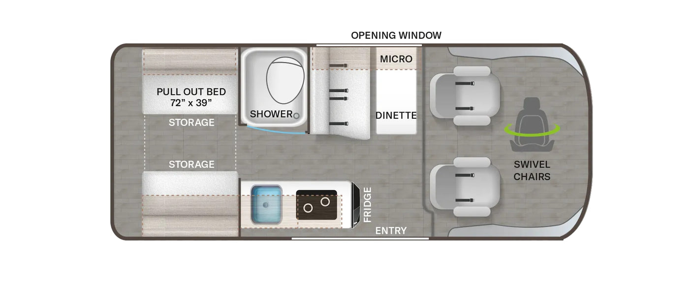 This RV rental floor plan shows a compact layout with a pull-out bed, shower, dinette, fridge, and front swivel chairs.