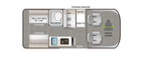 This RV rental floor plan shows a compact layout with a pull-out bed, shower, dinette, fridge, and front swivel chairs.