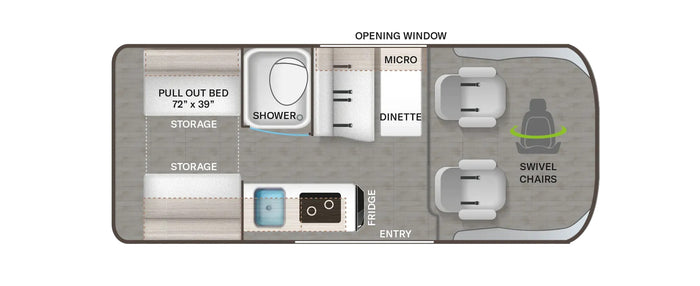 This RV rental floor plan shows a compact layout with a pull-out bed, shower, dinette, fridge, and front swivel chairs.