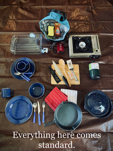 RV rental camping essentials: stove, propane, full kitchenware, and cooking tools all standard for your trip.
