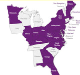 US map displays RV rental availability by state. Purple states (e.g., NY, FL, OH) offer RV rentals; gray states do not.