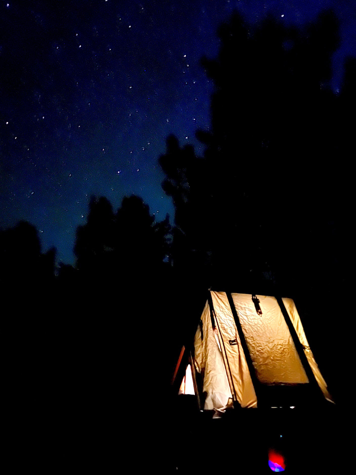 An illuminated tent beneath a brilliant starry night sky, flanked by tree silhouettes. Ideal for peaceful camping, possibly with an RV rental.