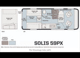 Winnebago Solis 59PX RV rental floor plan shows day/night layouts, including bed, bath & kitchen.