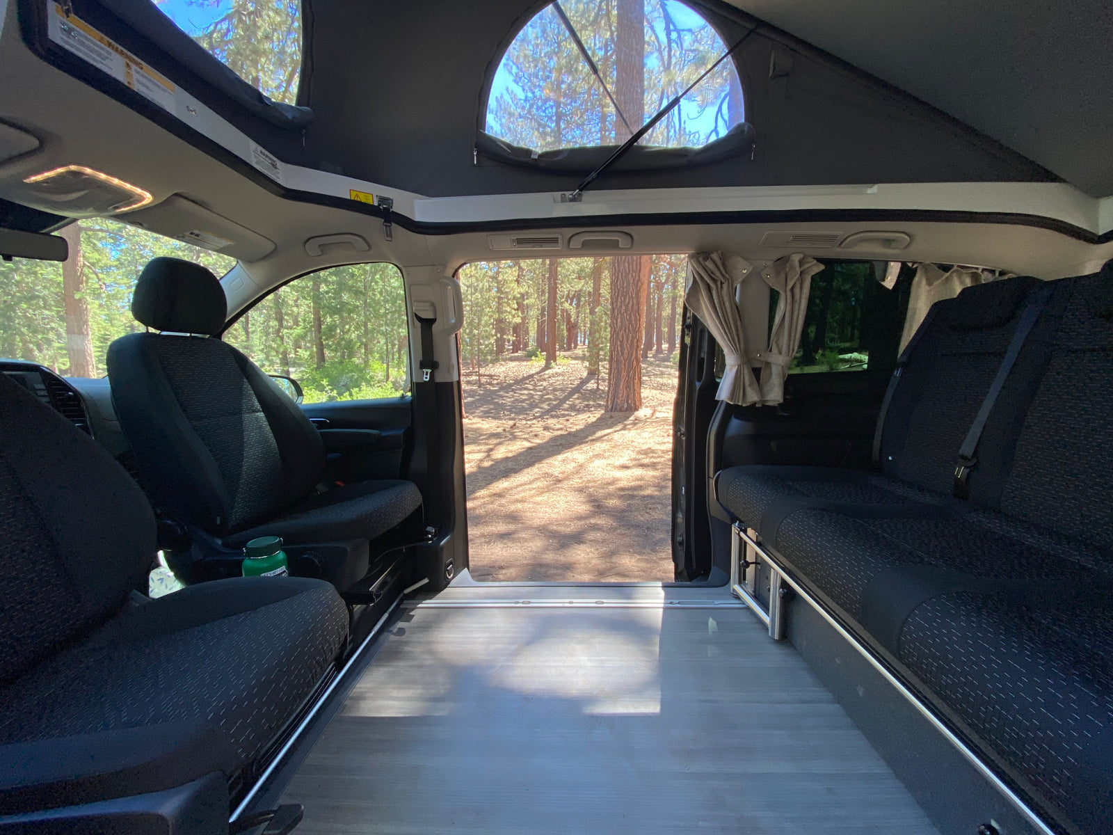 Spacious RV rental interior: pop-top camper with open side door revealing a serene forest campsite view.