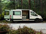 A custom Ford Transit camper van with open doors, revealing its unique interior and exterior design. Perfect for an RV rental adventure in nature.