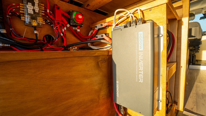 An RV rental's power system: Renogy 3000W inverter, fuse panel, and battery switch, neatly wired for off-grid living. — photo 15