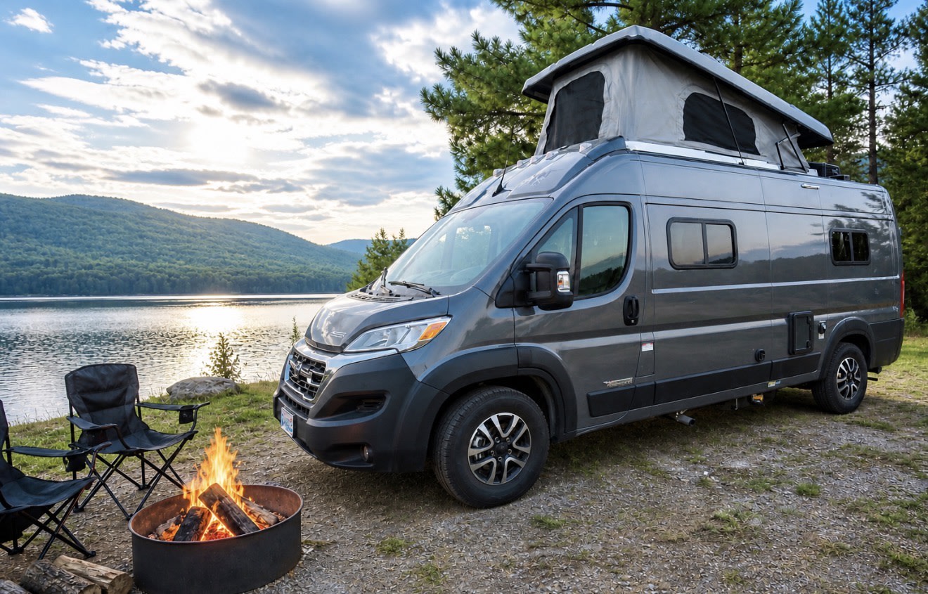 RV rental camper van with pop-top roof parked lakeside. Campfire and chairs set for camping