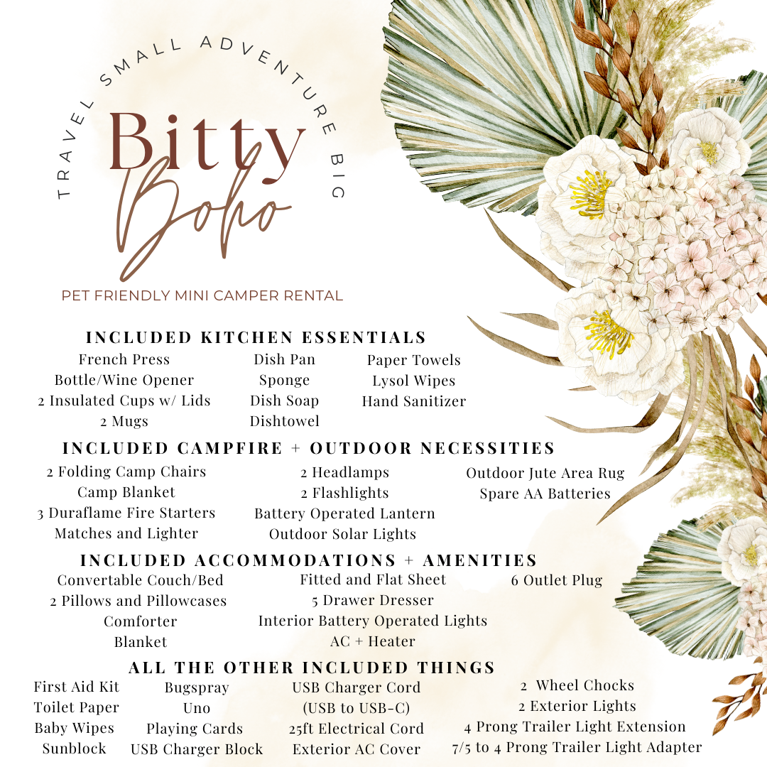 Bitty Boho pet-friendly RV rental: detailed lists of included kitchen, camping, and accommodation essentials.