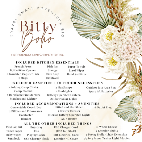 Bitty Boho pet-friendly RV rental: detailed lists of included kitchen, camping, and accommodation essentials.