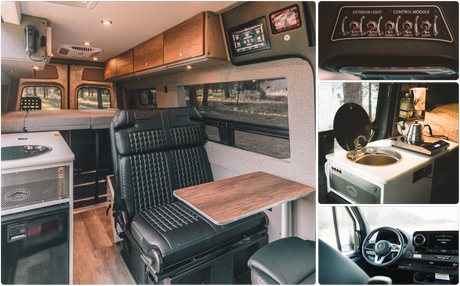 RV rental: full interior view from cockpit to cozy rear bed. Features include swivel seats, table, modern kitchen, and storage.