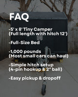 FAQ: This tiny camper RV rental (1,000 lbs, 5'x8', 12' w/hitch) is lightweight, fits a full bed, & has a simple hitch.