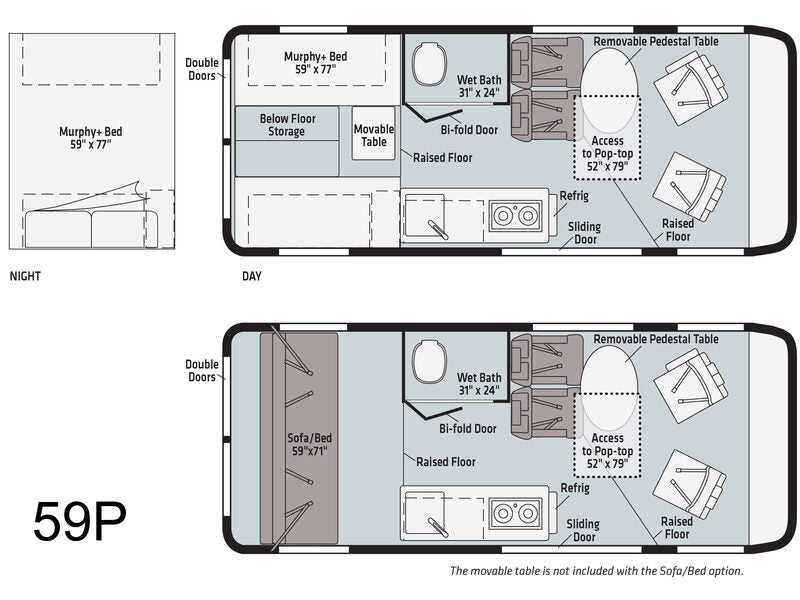 RV rental 59P floor plans: Day/Night layouts with Murphy+ bed, wet bath, kitchen, and a sofa/bed option for flexible living.