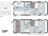 RV rental 59P floor plans: Day/Night layouts with Murphy+ bed, wet bath, kitchen, and a sofa/bed option for flexible living.