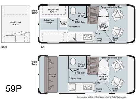 RV rental 59P floor plans: Day/Night layouts with Murphy+ bed, wet bath, kitchen, and a sofa/bed option for flexible living.