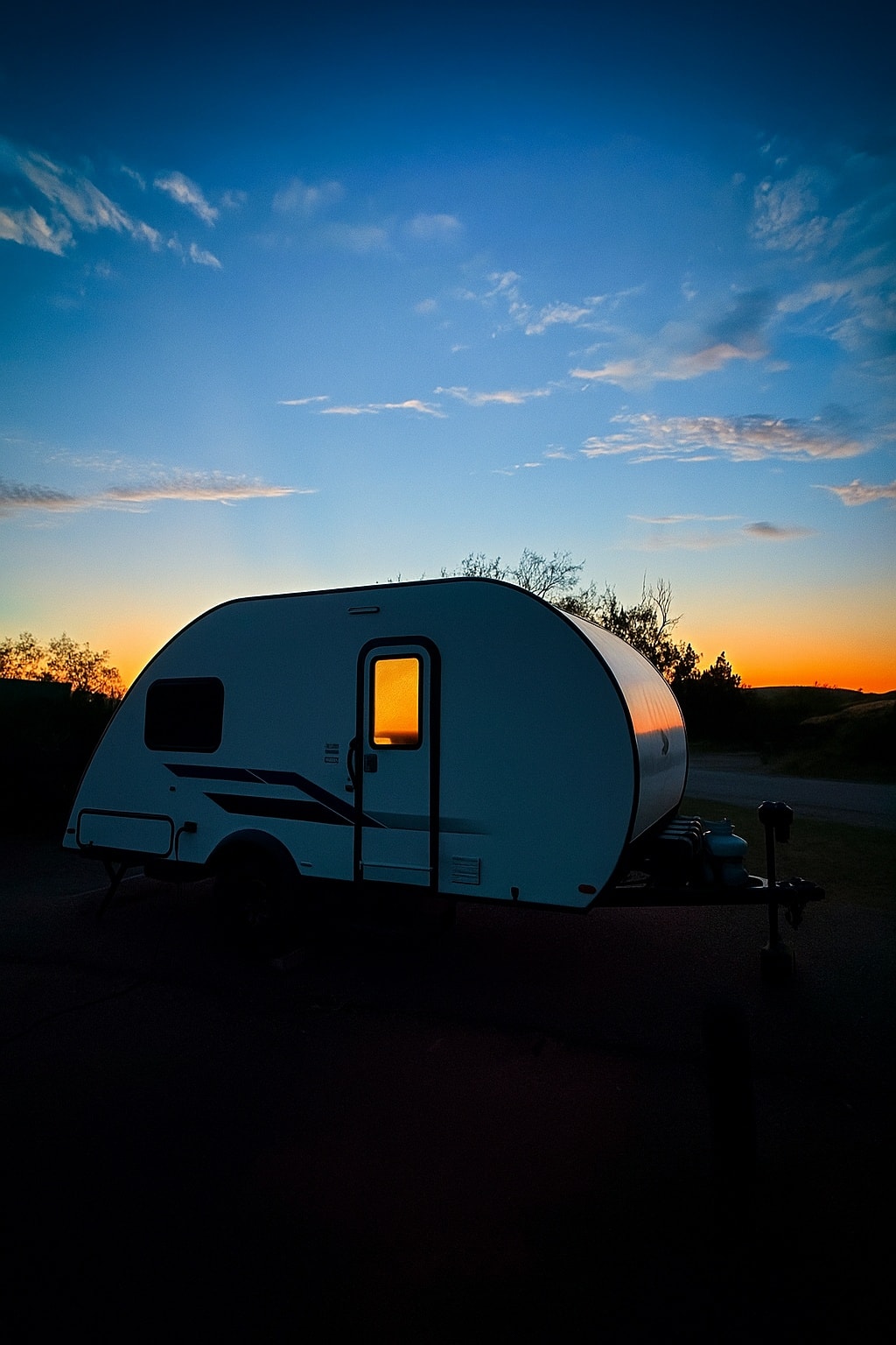Cozy rv rental parked at sunset, glowing inside under a vibrant blue and orange sky. Ideal for a serene camping adventure. — photo 5