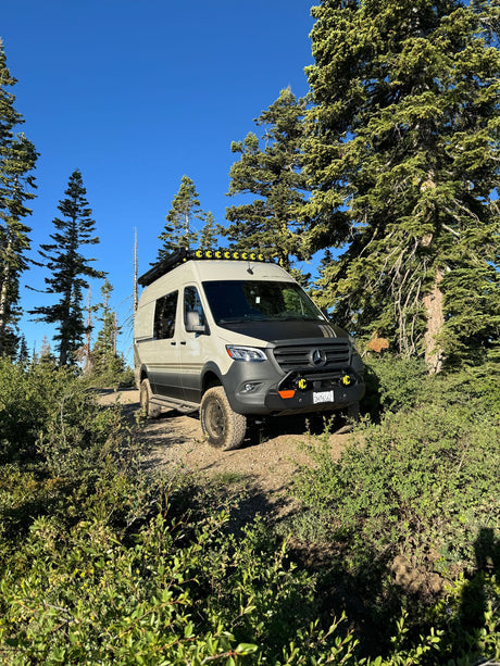 Explore off-grid! Light-colored off-road adventure van on a dirt trail among pines & bushes under a clear sky. Great for an RV rental.