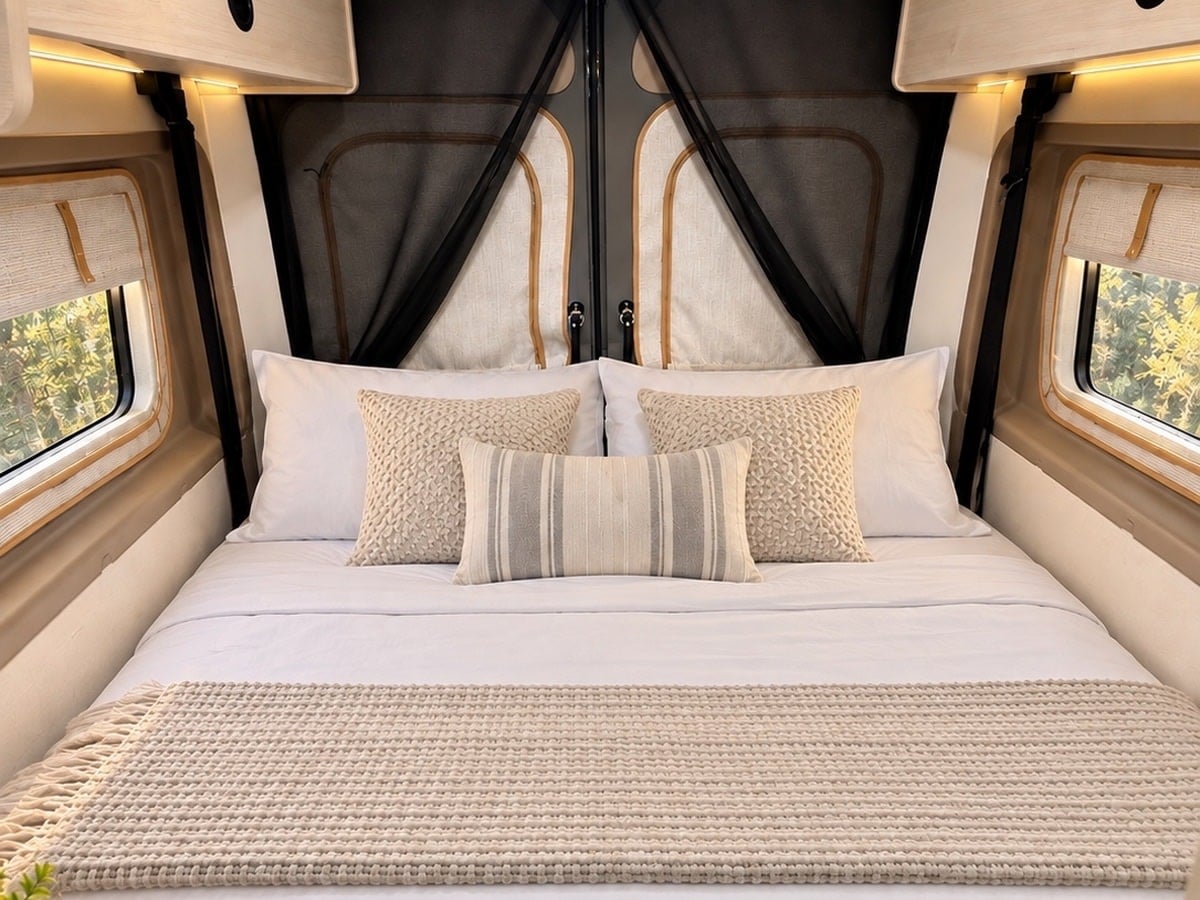  and cozy sofa. Enjoy comfort on your road trip!|Cozy tan bench seat inside an RV rental — photo 7