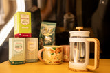 Trader Joe's tea, coffee, and French press for your RV rental. Enjoy comfort brews on the road, perfect for any trip!