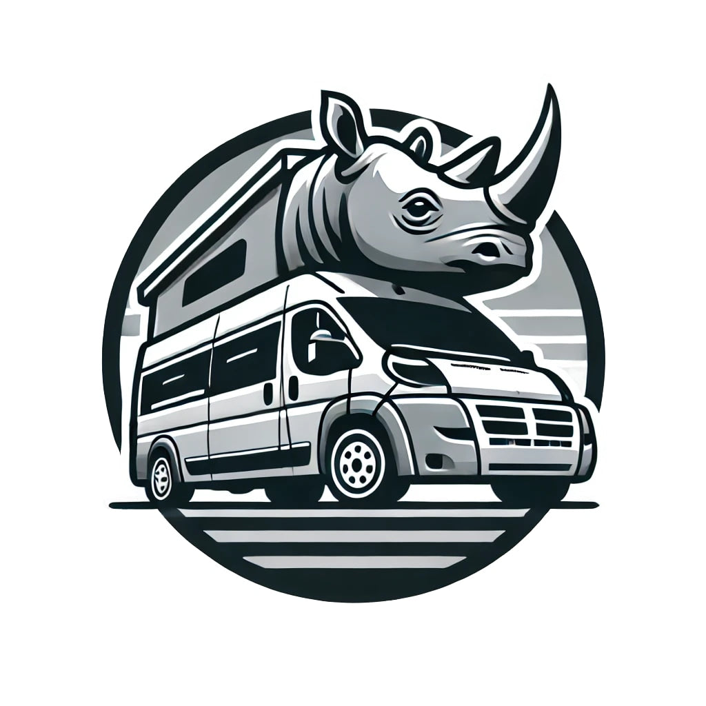 Rhino head atop a camper van with a pop-top roof in a circular, black and white design, perfect for an RV rental brand.