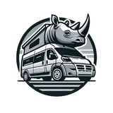 Rhino head atop a camper van with a pop-top roof in a circular, black and white design, perfect for an RV rental brand.