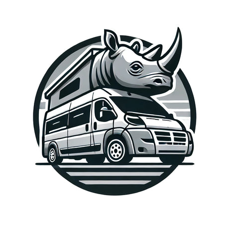 Rhino head atop a camper van with a pop-top roof in a circular, black and white design, perfect for an RV rental brand.