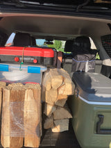Camping gear ready for an rv rental trip: Everest 2X stove, firewood bundles, and a Coleman cooler in a packed trunk.