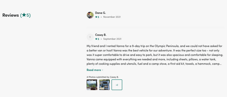 Customer reviews for an RV rental. One user praises their van, Vanna, highlighting its comfort, space, and included gear for a trip.