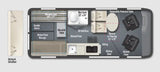 This RV rental camper van floor plan details the interior layout, including a Murphy bed, wet bath, kitchenette, and dining area.