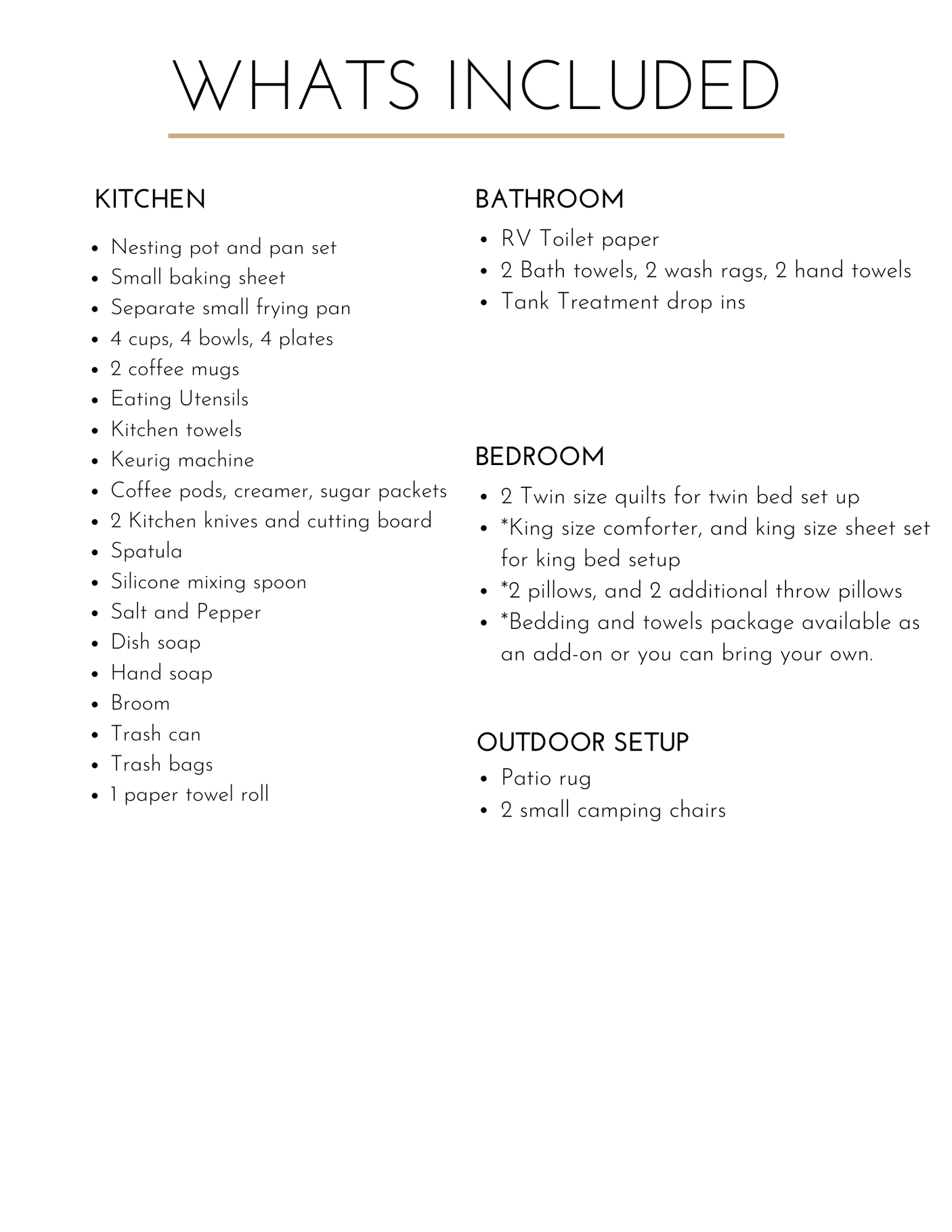 This RV rental guide details what's included: kitchenware, bath, bedding, and outdoor amenities for your adventure.