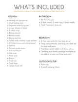 This RV rental guide details what's included: kitchenware, bath, bedding, and outdoor amenities for your adventure.