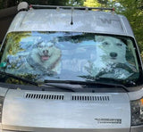 A whimsical RV rental sunshade featuring two huskies appears to be 'driving' a silver van, bringing humor to a road trip scene.