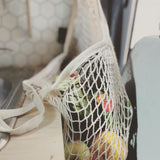 Fresh fruits & vegetables in a mesh bag on a wooden counter inside an RV rental. Perfect for healthy meals on your road trip!