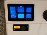 RV rental power & climate control displays. Victron shows 97% battery, 78W discharge, inverter active. Heater set to 72°F.