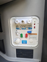 RV rental: A detailed water control panel for managing dry camping, city water, winterizing, sanitizing, and tank flush operations.