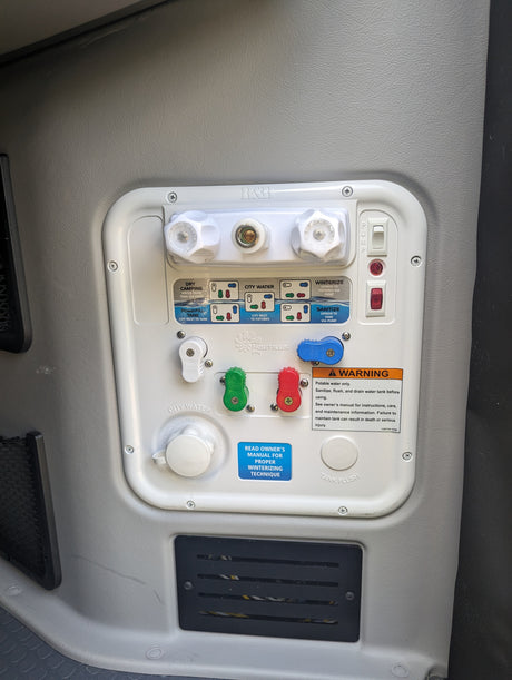 RV rental: A detailed water control panel for managing dry camping, city water, winterizing, sanitizing, and tank flush operations.