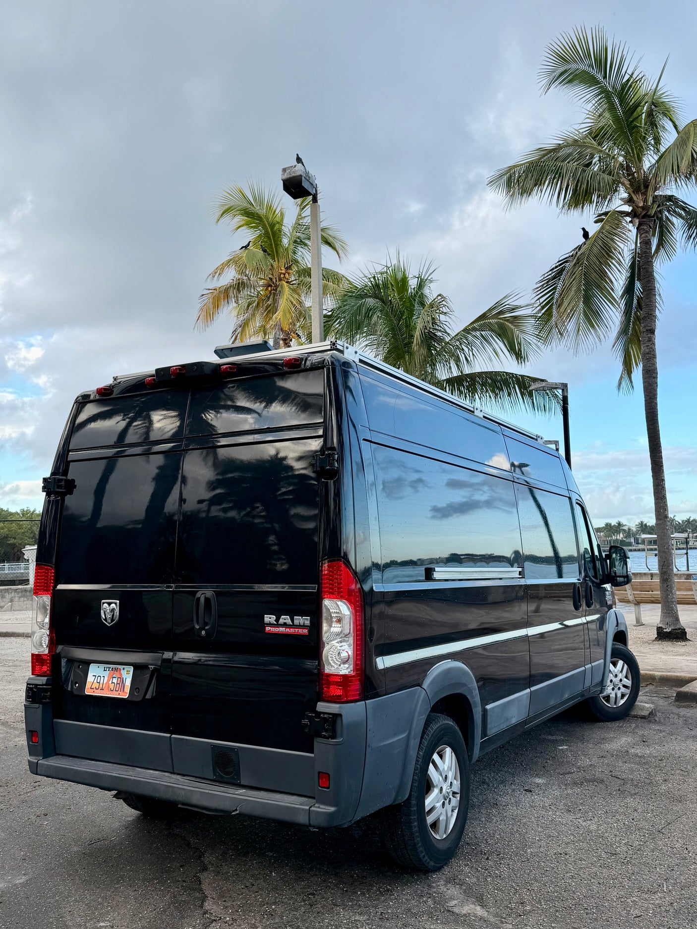 A black Ram ProMaster RV rental with a Utah plate, parked under palm trees on a cloudy day, ready for adventure.