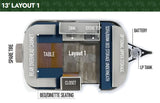 RV rental floor plan: 13' Layout 1. Shows interior with bed, table, kitchen (sink, stove), storage. Ideal for compact travel.