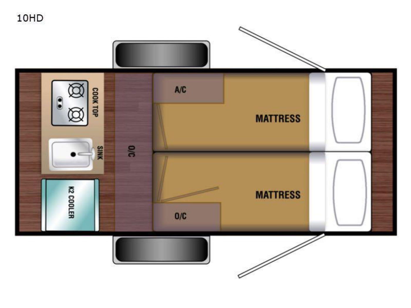  perfect for an RV rental adventure in the woods.|Compact RV rental floor plan showing interior layout: kitchenette with cooktop — photo 3